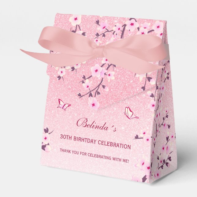Caixinha De Lembrancinhas Cherry Blossomo Rosa Brilhante Obrigado Aniversári (Frente)