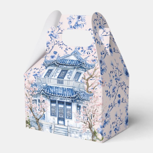 Caixinha De Lembrancinhas Chinoiserie Rosa e Azul Pagoda Bridal Chá (Frente)