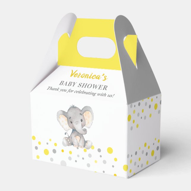 Caixinha De Lembrancinhas Chuva de Amarelo Cinza Elefante Bolinha Neutro Bab (Frente)