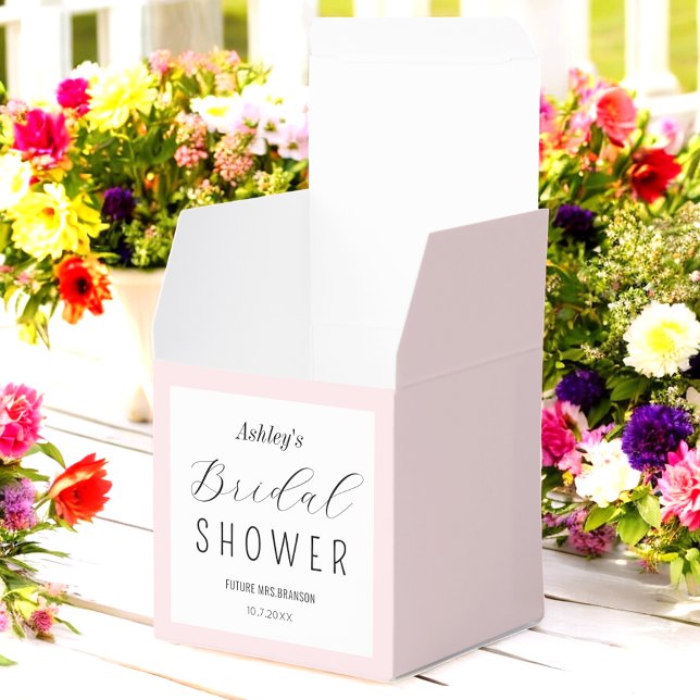 Caixinha De Lembrancinhas Chuva de Noiva Rosa com Rótulo Preto  (Criador carregado)