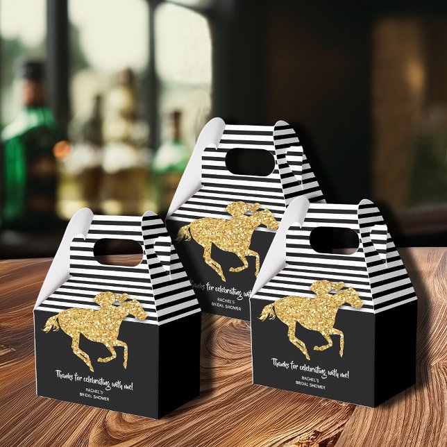 Caixinha De Lembrancinhas Chuva de Presentes de Noivado Derby de Cavalos de  (Gold racehorse on black and white Derby-theme bridal shower gable favor boxes)