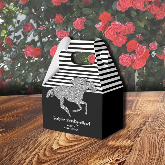 Caixinha De Lembrancinhas Chuva de Presentes do Casamento do Silver Racehors (Silver racehorse gable-style favor box with  thank you on the front, 4"w x 2.5"l x 5"h)