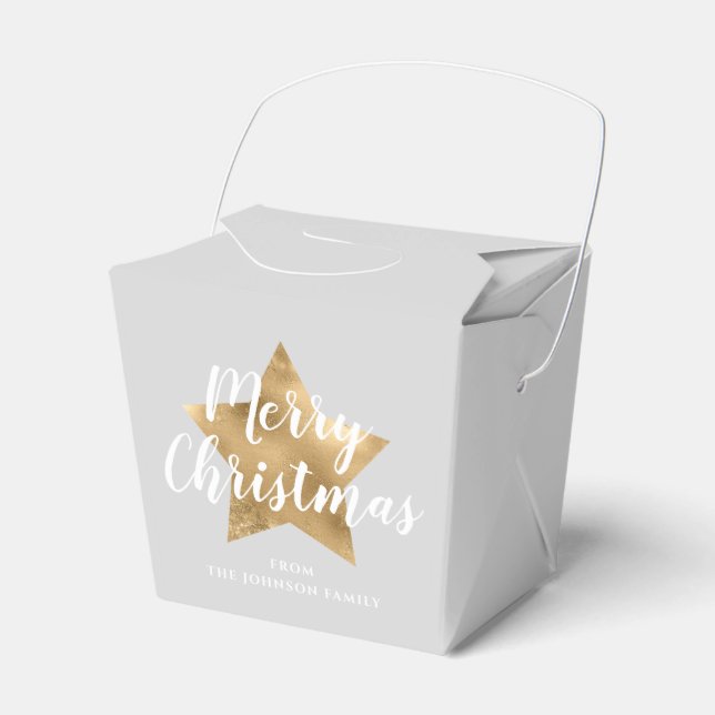 Caixinha De Lembrancinhas Cinza elegante Faux Dourada Star Feliz Natal (Frente)