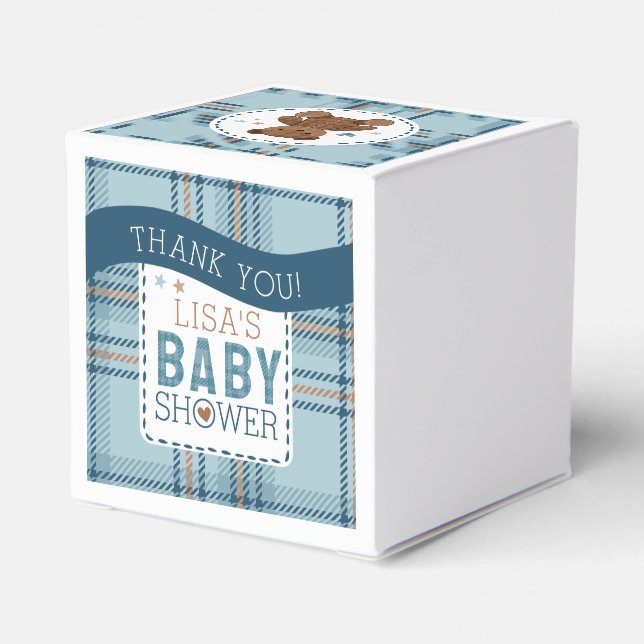 Caixinha De Lembrancinhas Classic Tartan Plaid Teddy Bear, Baby Boy Shower  (Verso)