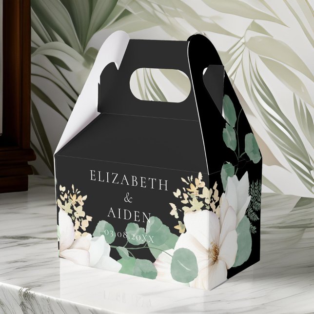 Caixinha De Lembrancinhas Coleção de Casamentos Florais Eucalyptus (Eucalyptus Floral Wedding Collection Favor Boxes,black, white. With your name and date)
