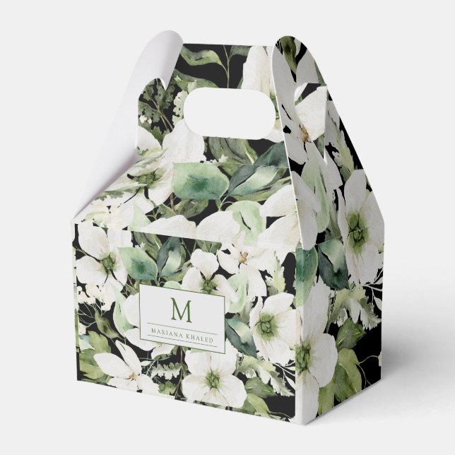 Caixinha De Lembrancinhas Cor d'água elegante preto e branco floral (Frente)