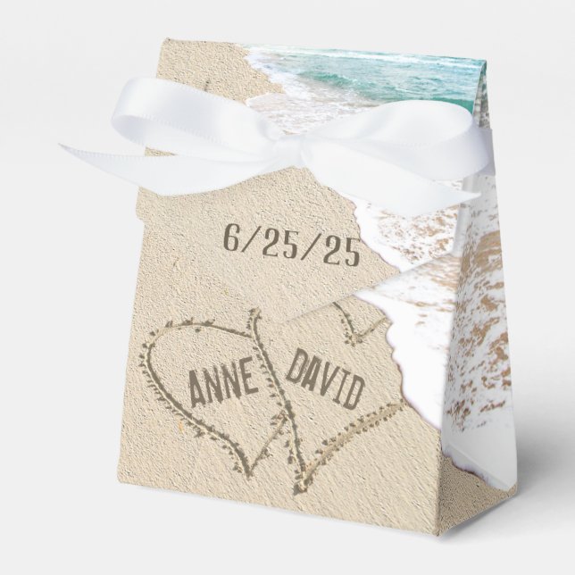 Caixinha De Lembrancinhas Corações de Casamento de Praia na Areia (Frente)