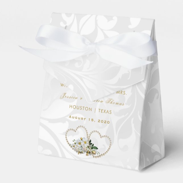 Caixinha De Lembrancinhas Corações de Pérola & Flores Casamento Damask (Frente)