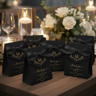 Caixinha De Lembrancinhas Coroa de Monograma Preto e Dourado Elegante para C
