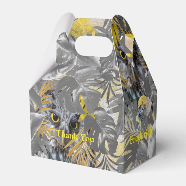 Caixinha De Lembrancinhas Corujas - Folhas de plantas em Cinzas/Amarelo 2021 (Frente)