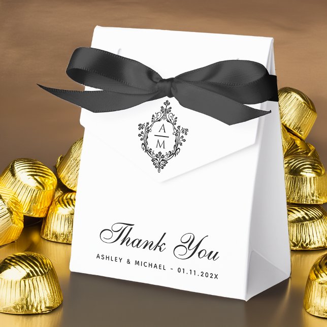 Caixinha De Lembrancinhas Crest Monograma de Casamento Preto e Branco Obriga (Criador carregado)