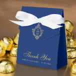 Caixinha De Lembrancinhas Crest Royal Blue Faux Dourado Obrigado<br><div class="desc">Uma elegante caixa de favoritos de casamento azul e ouro. No flape, tem uma crista de folha de ouro falsa com um monograma, de duas iniciais. A mensagem "Obrigado" está escrita na parte inferior, num elegante dourado falso, a ocasião e a data são escritas em bonés ouros. O fundo é...</div>