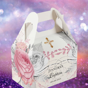 Caixinha De Lembrancinhas Cruzamento elegante prateado floral, cor-de-rosa,