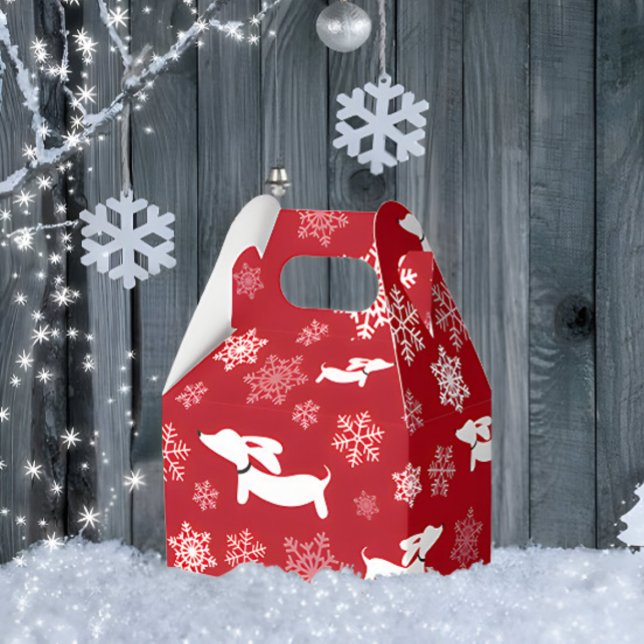 Caixinha De Lembrancinhas Dachshund Christmas Gift Box Flocos de neve (Dachshund Christmas gift box - snowflakes and wiener dogs)