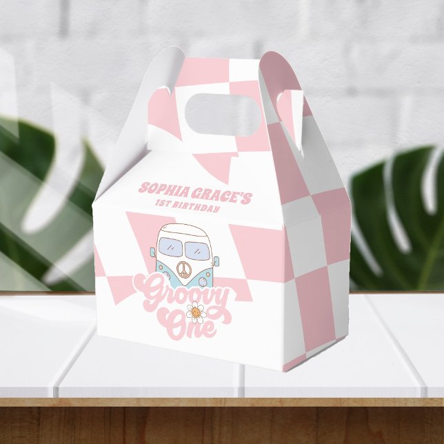 Caixinha De Lembrancinhas Daisy & Retro Van Pink Groovy Um primeiro aniversa (Criador carregado)