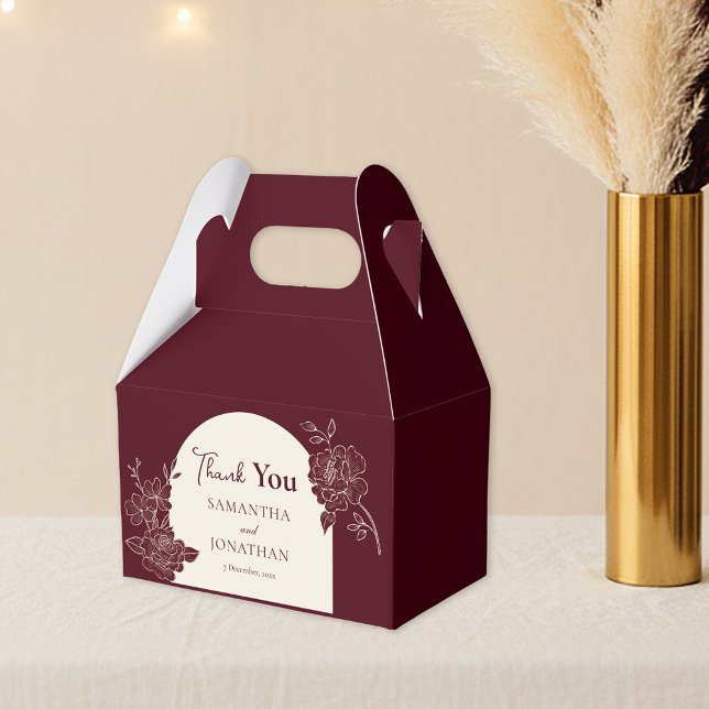 Caixinha De Lembrancinhas Deep Burgundy Floral Ivory Arch Wedding Thank You (Deep Burgundy Floral Line Art with Ivory Arch Wedding Favor Box)