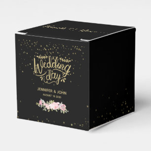 Caixinha De Lembrancinhas Dia Dourado de Casamento Floral Rosa Preto Persona
