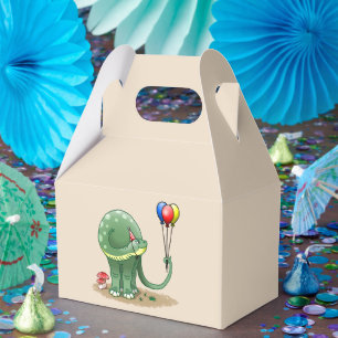 Caixinha De Lembrancinhas Dinossauro segurando os balões de aniversário