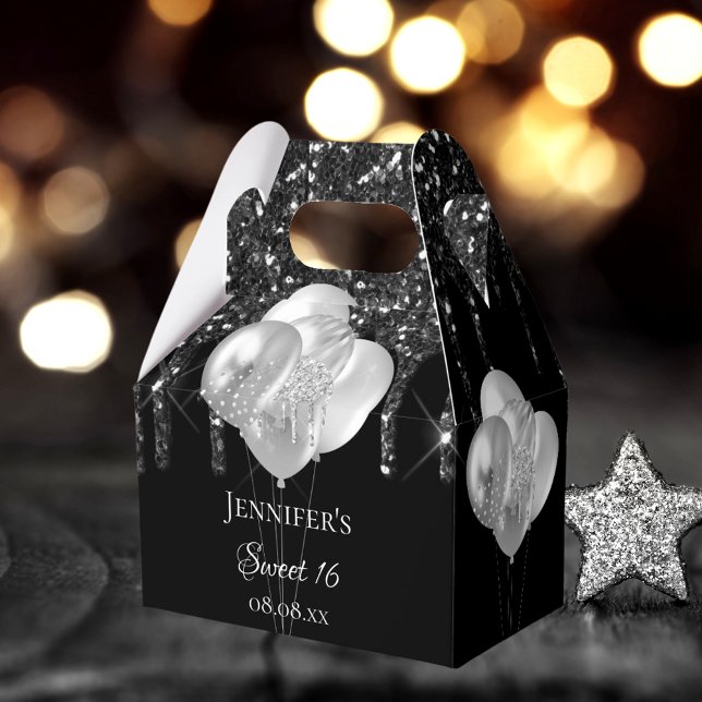 Caixinha De Lembrancinhas Doce 16 partes preto, brilho prateado, goteja balõ (Criador carregado)