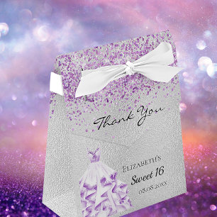 Caixinha De Lembrancinhas Doce 16 vestido de glitter roxo prateado obrigado
