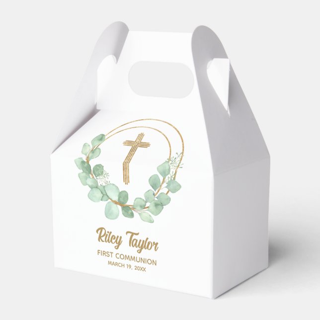 Caixinha De Lembrancinhas Dourada Cruz Eucalyptus Primeira Comunhão (Frente)