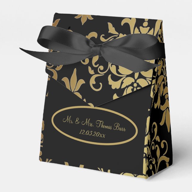 Caixinha De Lembrancinhas Dourado Damask Black Script Weding Elegante (Frente)