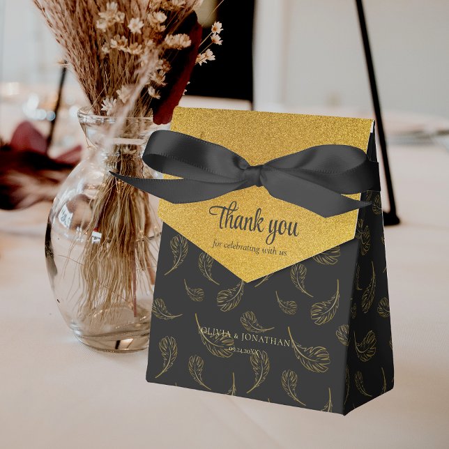 Caixinha De Lembrancinhas Dourado Elegante e Negro Brilhante Obrigado Casame (Elegant Black and Shiny Gold Thank You Wedding Favor Box)
