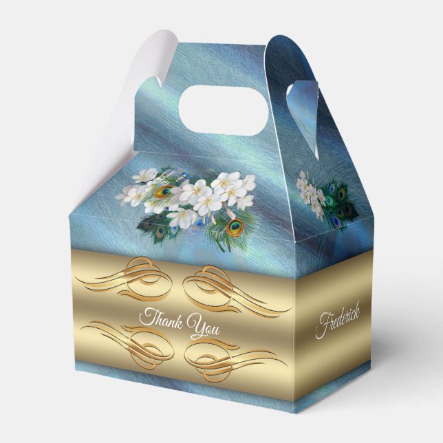 Caixinha De Lembrancinhas Dourado, Penas Peacock na Emerald Green Silk (Frente)