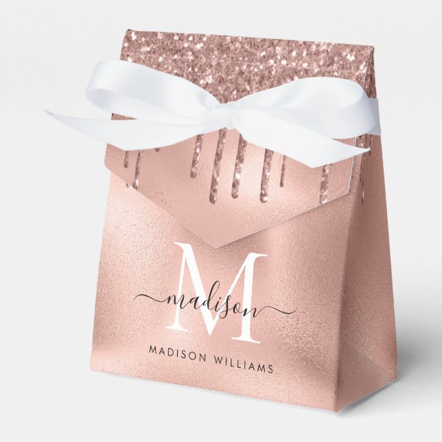 Caixinha De Lembrancinhas Dourado Rosa Metálico Monograma com Brilho Cor-de- (Frente)