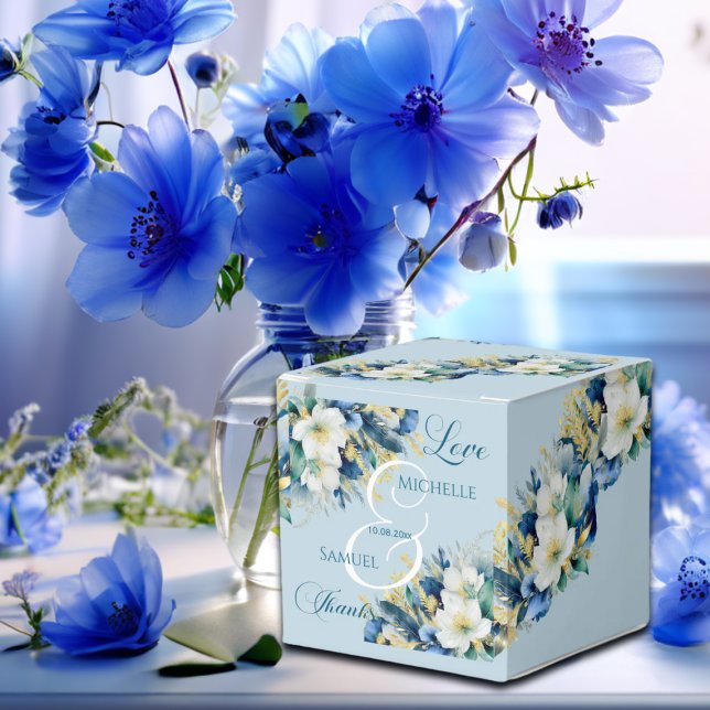 Caixinha De Lembrancinhas Dusty Blue Dourado Casamento Floral (Criador carregado)
