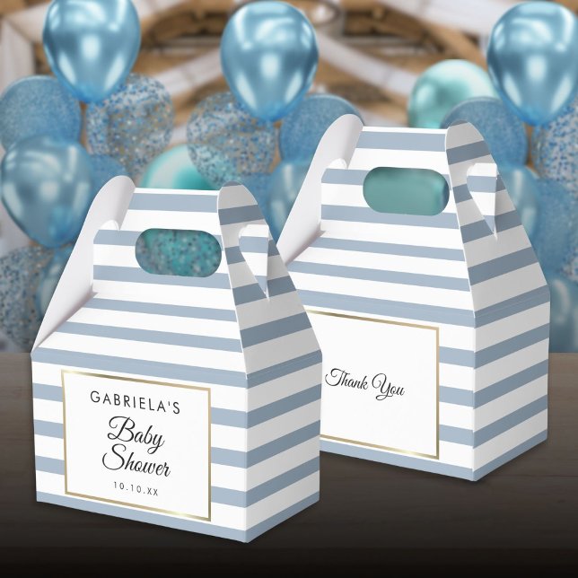 Caixinha De Lembrancinhas Dusty Blue E White Strike Gold Bebê (Dusty Blue And White Stripe Gold Baby Shower Favor Boxes)