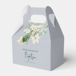 Caixinha De Lembrancinhas Dusty Blue White Floral Cruz Religiosa Batismo