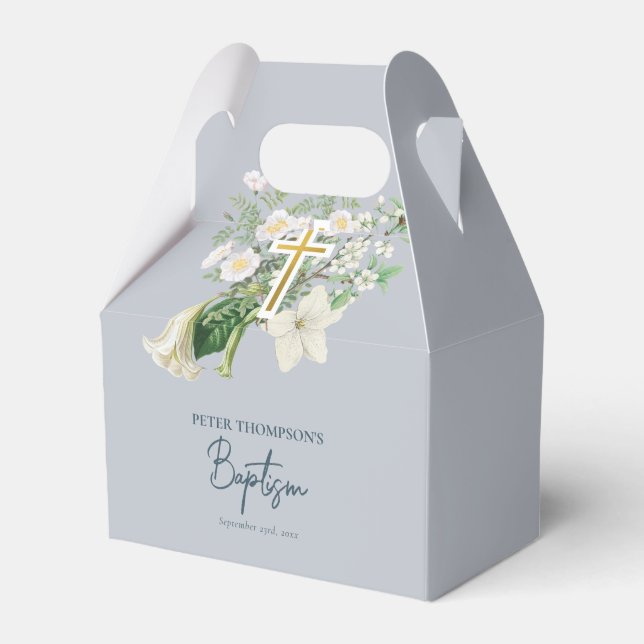 Caixinha De Lembrancinhas Dusty Blue White Floral Cruz Religiosa Batismo (Frente)