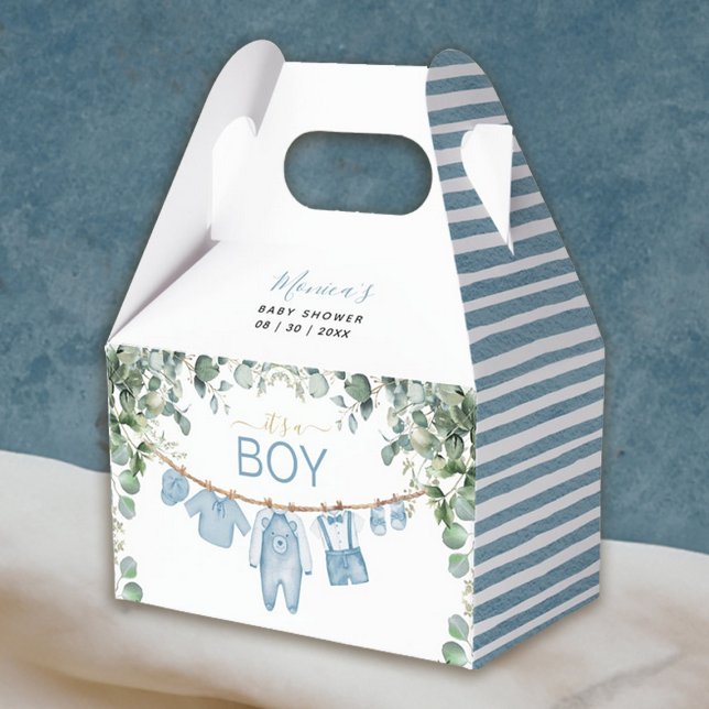 Caixinha De Lembrancinhas É um menino, Chá de fraldas azul, roupas verdes (It’s a Boy Blue Boho Clothes Greenery Baby Shower Favor Box)