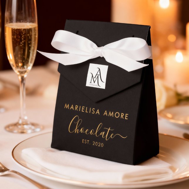 Caixinha De Lembrancinhas Elegant Black Gold Script Chocolate Qr Code (Criador carregado)
