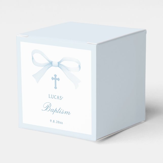 Caixinha De Lembrancinhas Elegant Watercolor Blue Bow Baptism Cube (Frente)
