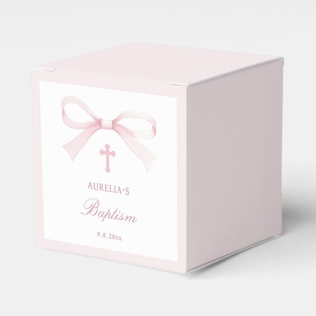 Caixinha De Lembrancinhas Elegant Watercolor Pink Bow Baptism Cube (Frente)