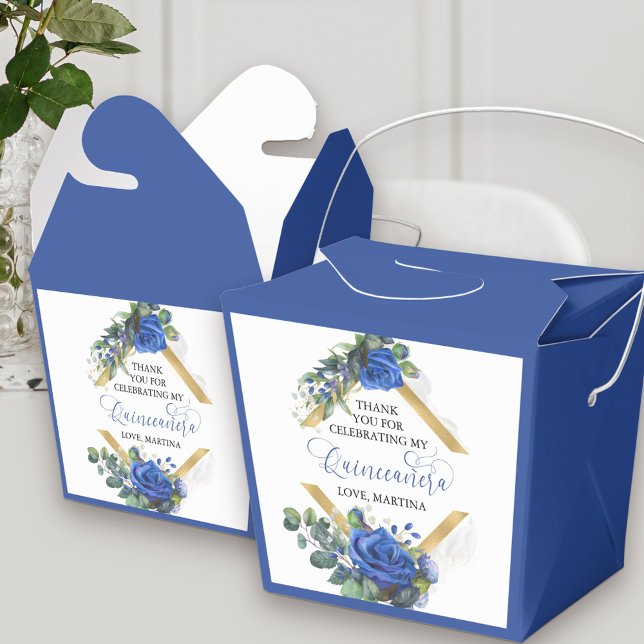 Caixinha De Lembrancinhas Elegante Azul Floral Rosa Eucalyptus Quinceanera (Elegant Quinceanera favor boxes with thank you message with floral and royal blue theme)