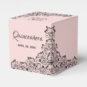 Caixinha De Lembrancinhas Elegante Black Swirls em Quinceañera Rosa Esmagado