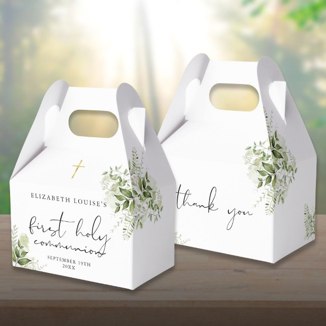 Caixinha De Lembrancinhas Elegante Folhagem Rústica Primeira Comunhão (Rustic Greenery Elegant First Holy Communion Favor Boxes)