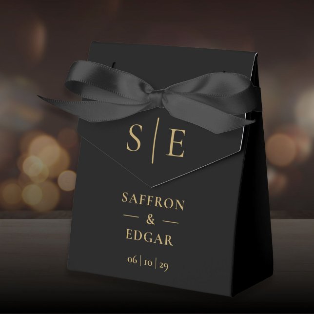 Caixinha De Lembrancinhas Elegante Monograma Preto e Dourado de Casamento (Elegant Black And Gold Monogram Wedding Favor Boxes)