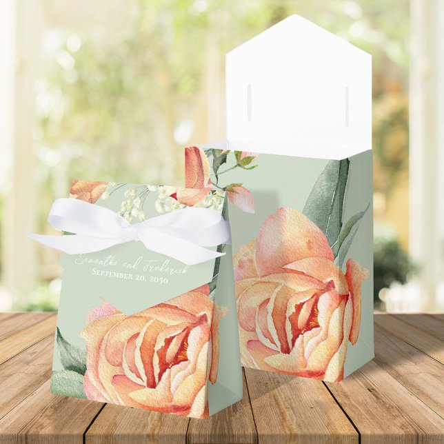 Caixinha De Lembrancinhas Elegante Peach Floral Green (Peach and green wedding favor treat box, )
