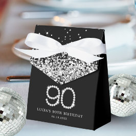 Caixinha De Lembrancinhas Elegante Preto Prata Diamantes 90º Aniversário