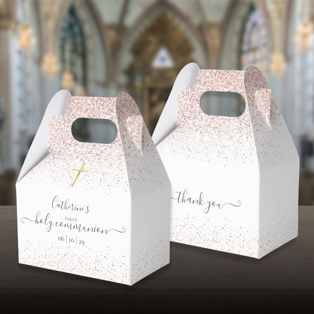 Caixinha De Lembrancinhas Elegante Rosa Dourada Glitter Primeira Comunhão Sa (Elegant Rose Gold Glitter First Holy Communion Favor Boxes)