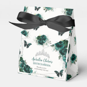 Caixinha De Lembrancinhas Emerald Green Floral Silver Quinceañera Butterfly