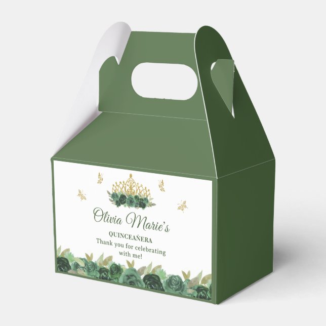 Caixinha De Lembrancinhas Emerald Green Floral Tiara Butterfly Quinceanera (Frente)