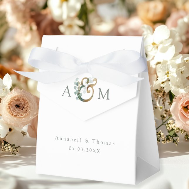 Caixinha De Lembrancinhas Eucalyptus Wedding Box Geschenkschachtel (Eucalyptus Wedding Favor Box, Monogram, Ampersand, Botanical, white, green, minimal, modern.)