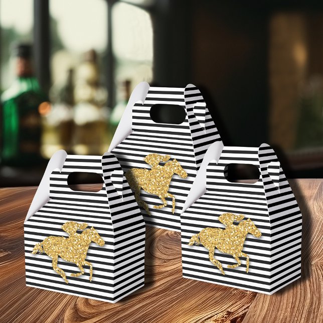 Caixinha De Lembrancinhas Faux Dourado Race Horse Preto (Gold racehorse Derby party favor boxes are 4"w x 2.5"l x 5"h,  simple assembly required)