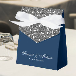 Caixinha De Lembrancinhas Faux Silver Glitter Azul Marinho Casamento