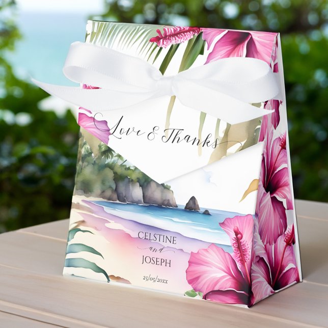 Caixinha De Lembrancinhas Favoritos de casamento de praia tropical personali (Tropical beach wedding favors personalized favor box tropical island pink hibiscus favor box)